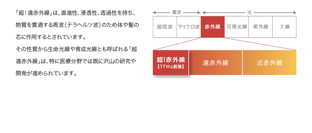 「超！遠赤外線」は、直進性、浸透性、透過性を持ち、物質を貫通する周波（テラヘルツ波）のため体や髪の芯に作用するとされています。